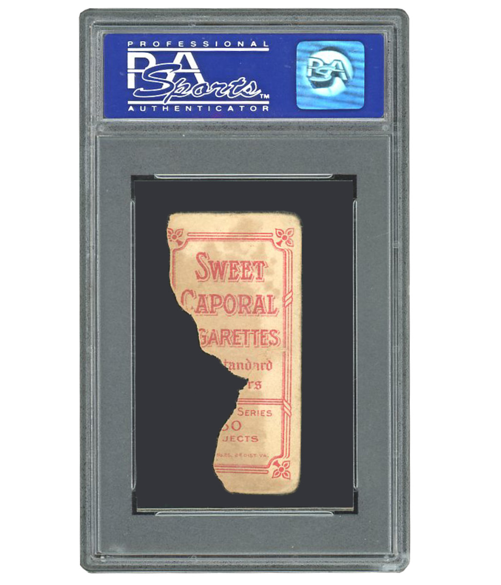 The back of a T206 Honus Wager card that is torn almost in half is up for auction at SCP Auctions.