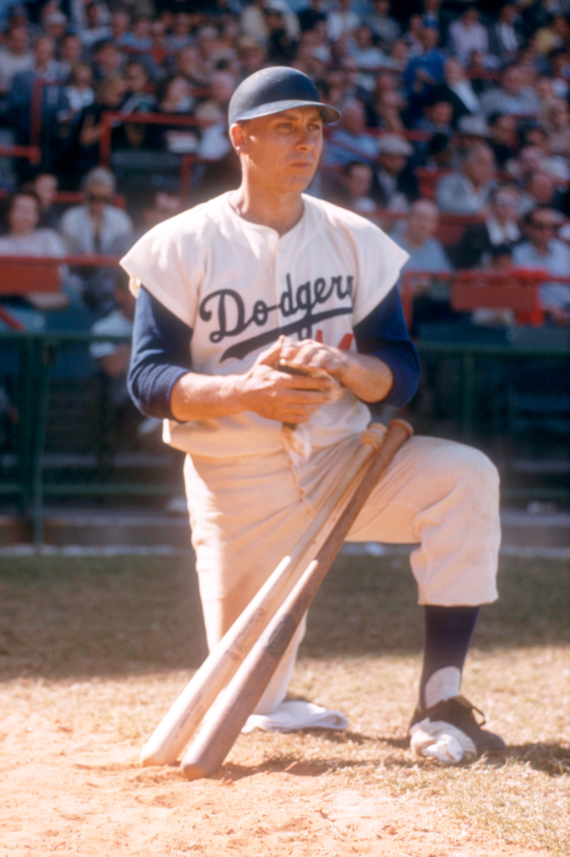 Gil Hodges of the Los Angeles Dodgers waits on-deck during a Spring Training game in March, 1958.