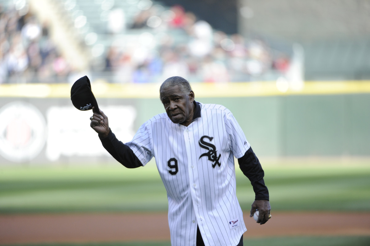 Former Chicago White Sox star Minnie Minoso throws out the first pitch on April 26, 2014 at U.S. Cellular Field in Chicago.