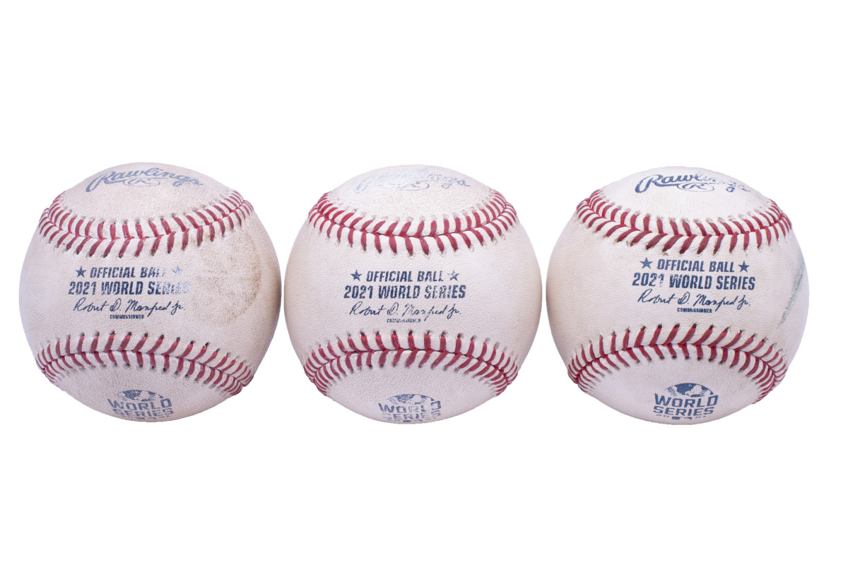 Home run balls hit by Jorge Soler, Dansby Swanson and Freddie Freeman in Game 6 of the 2021 World Series.