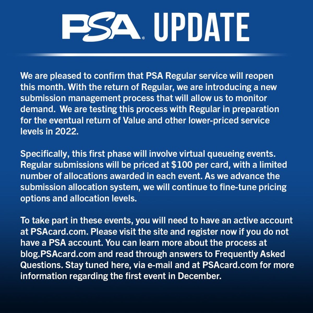 Statement from PSA announcing the return of its Regular service level.