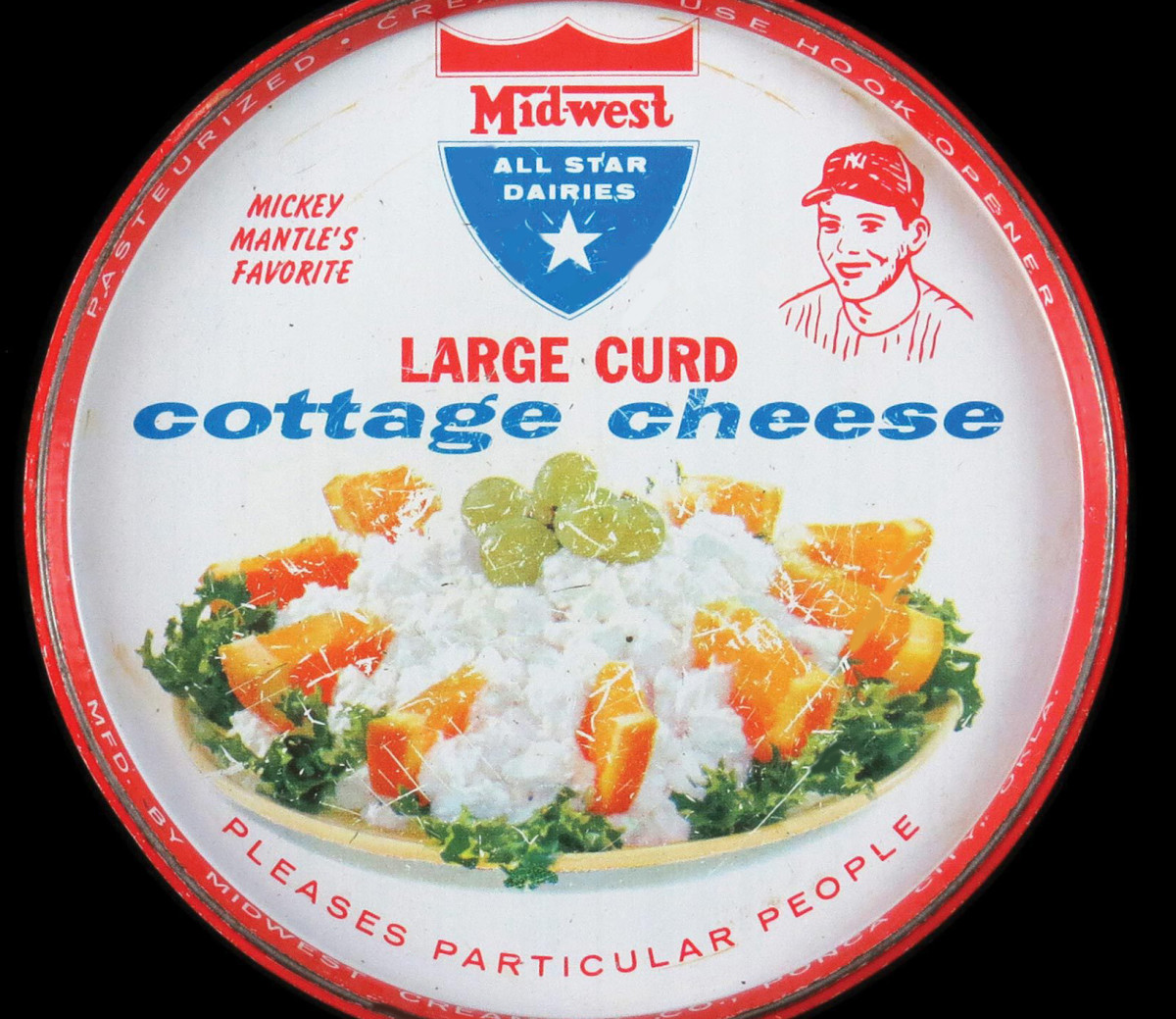 Midwest All Star Dairies cottage cheese lid featuring Mickey Mantle's image.
