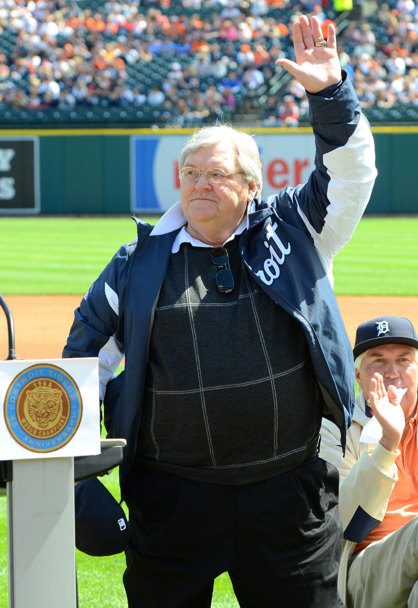 Former Detroit Tigers pitcher Denny McLain waves to fans at Comerica Park in Detroit.