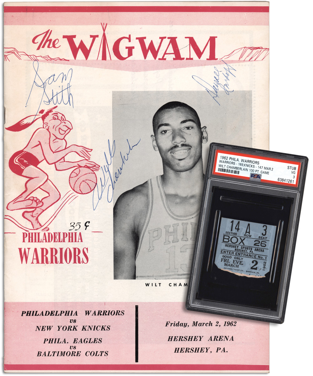 Signed program and ticket from Wilt Chamberlin's 100-point game.