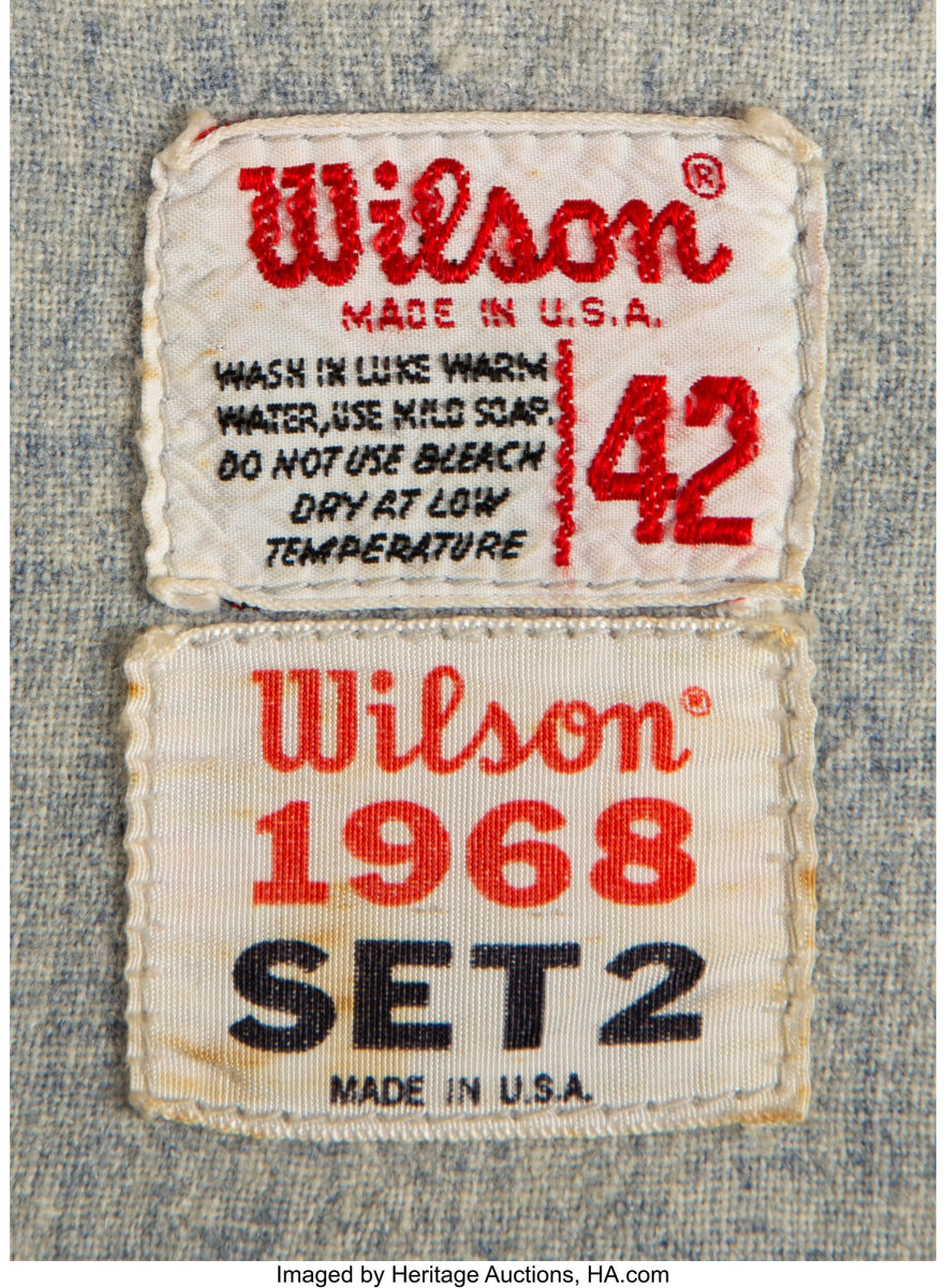 Label from the jersey Mickey Mantle wore in the final game of his career.