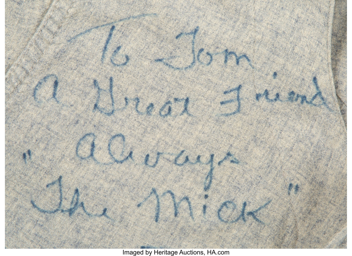 Inscription on the jersey Mickey Mantle wore in the final game of his career.