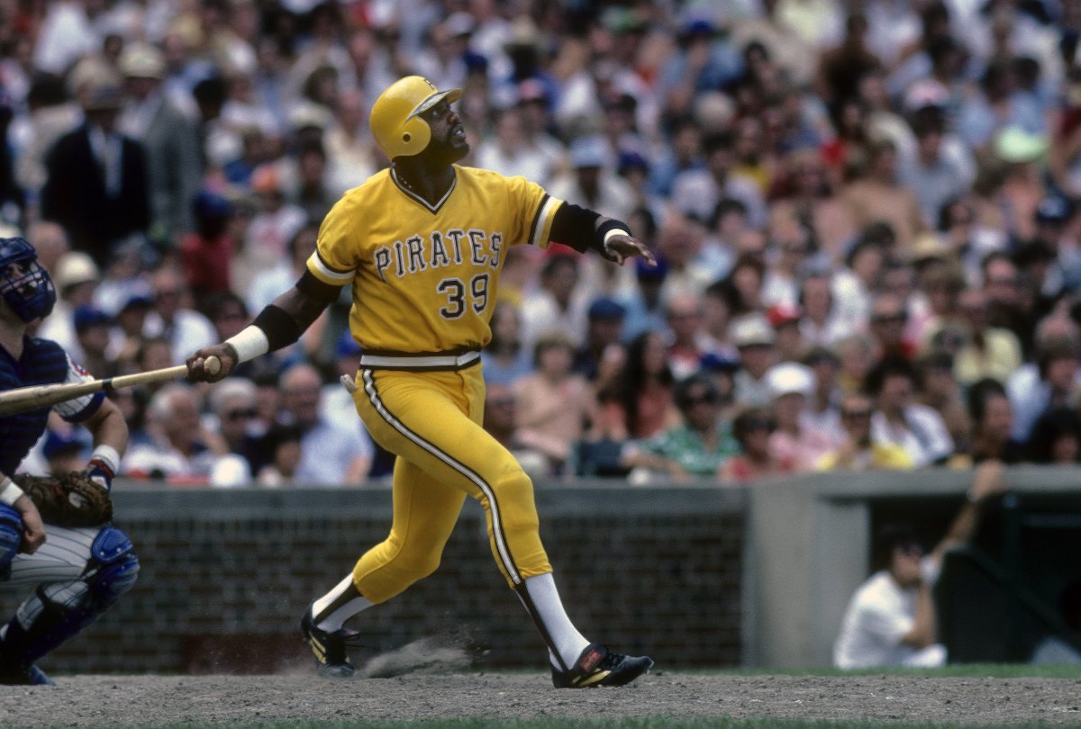 Dave Parker takes a swing in the 1970s at Wrigley Field in Chicago.