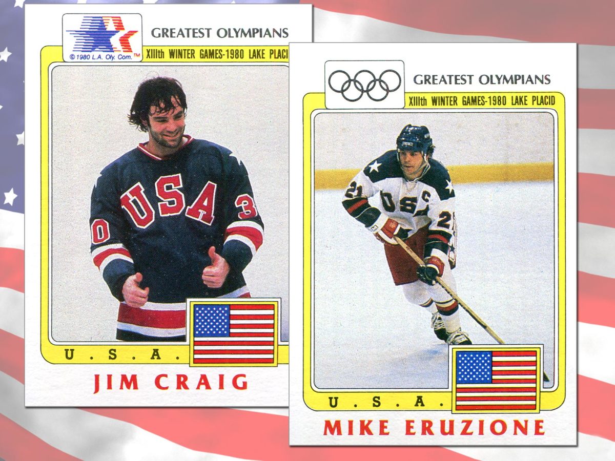 Greatest Olympians cards featuring 1980 USA Hockey stars Jim Craig and Mike Eruzione.