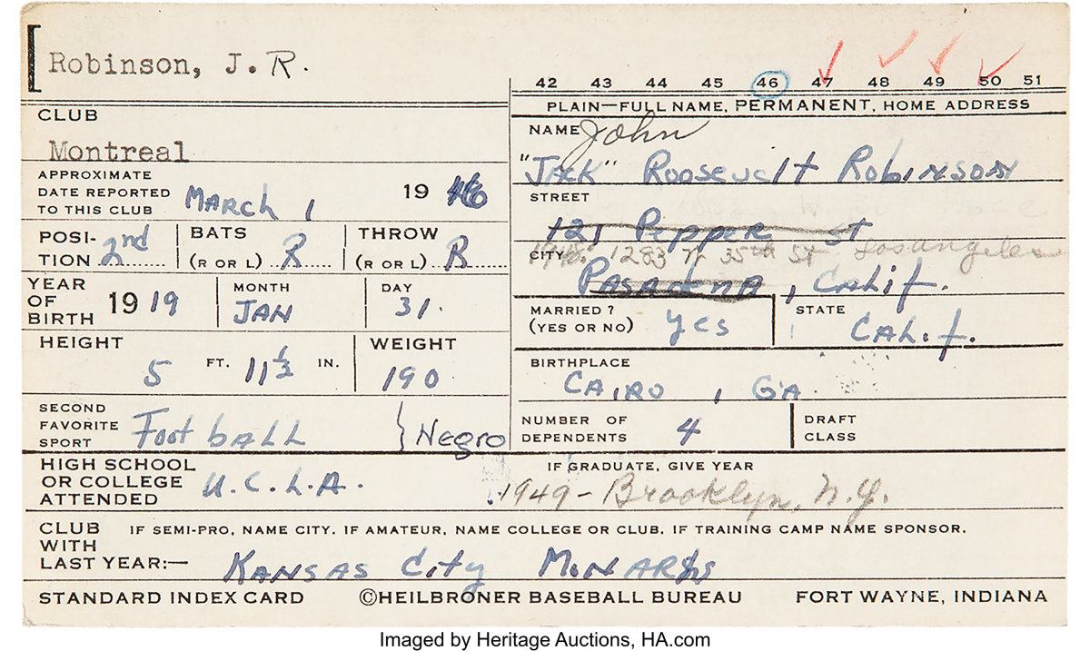 Info card filled out by Jackie Robinson in 1946 when he played for the Montreal Royals.