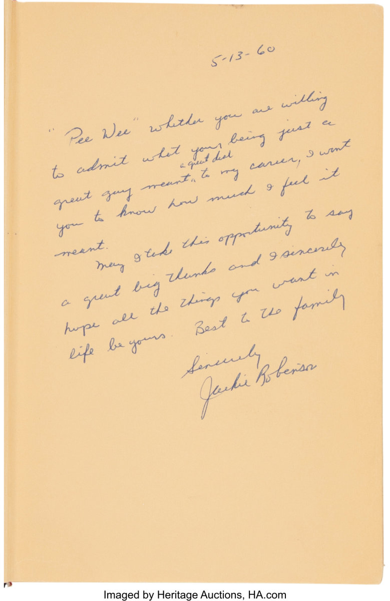 Jackie Robinson inscription to teammate Pee Wee Reese in his book "Wait 'Til Next Year."