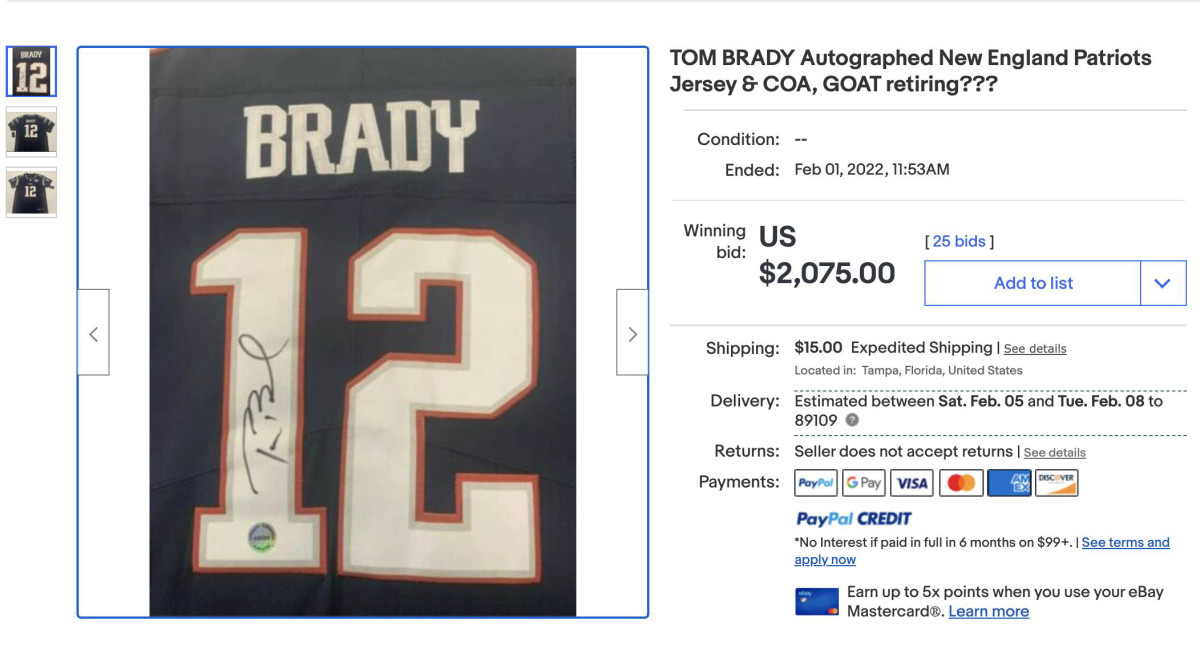 A Tom Brady autographed jersey on eBay that expert authenticator Steve Grad says is fake.
