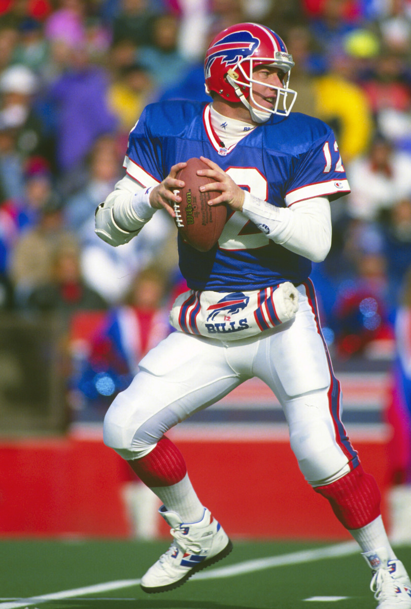 Quarterback Jim Kelly drops back to pass against the New England Patriots in 1992 at Rich Stadium in Buffalo.