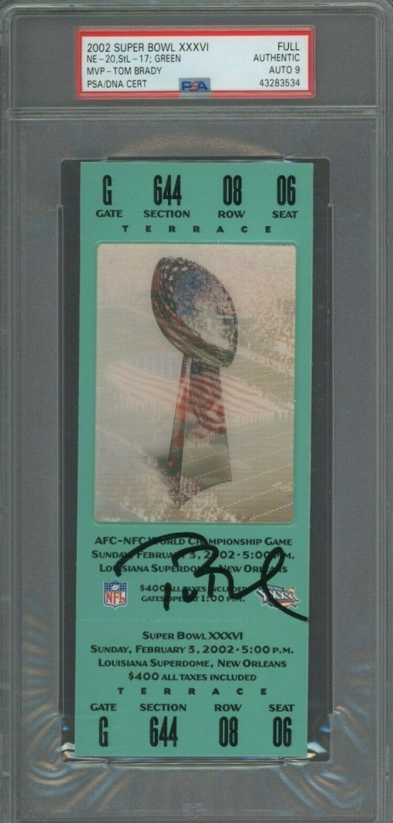 Ticket to Super Bowl XXXVI in 2002 signed by Tom Brady.