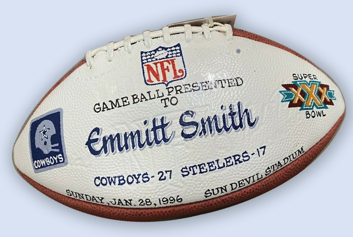 Football from 1996 Super Bowl XXX presented to Cowboys star Emmitt Smith.