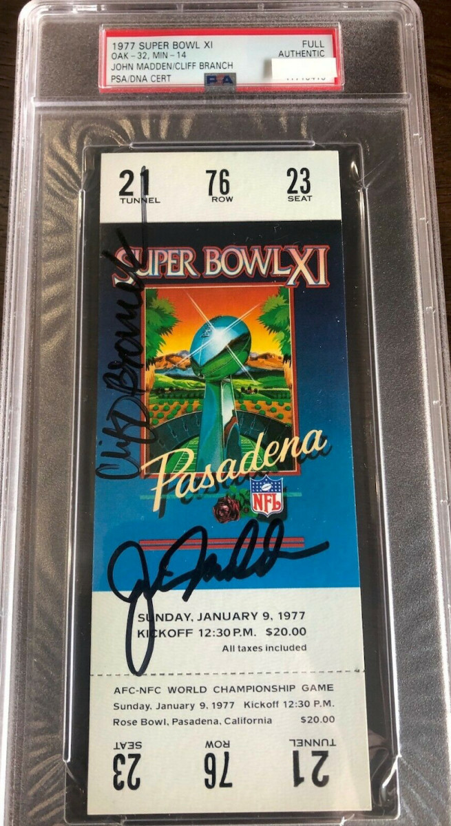 Ticket from Super Bowl XI signed by Oakland Raiders coach John Madden.