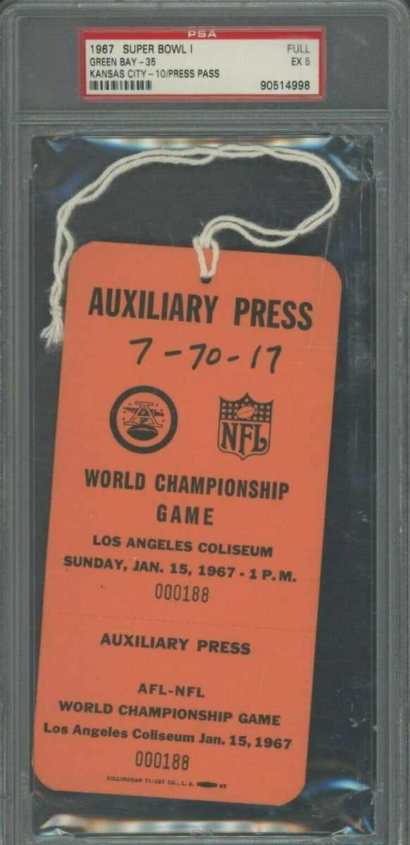 Auxiliary press ticket to Super Bowl I in 1967.