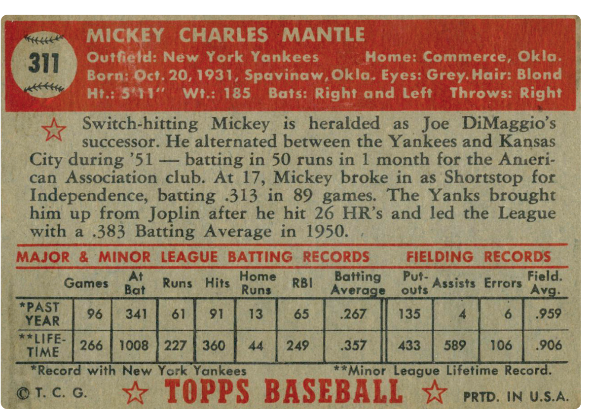 Back of Topps 1952 Mickey Mantle card that is being recreated as an NFT.