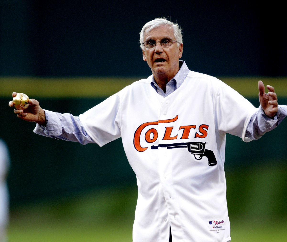 Bob Aspromonte, an original member of the Houston Colt 45's, throws out the ceremonial first pitch before a game between the Atlanta Braves and Houston Astros at Minute Maid Park on April 10, 2012.