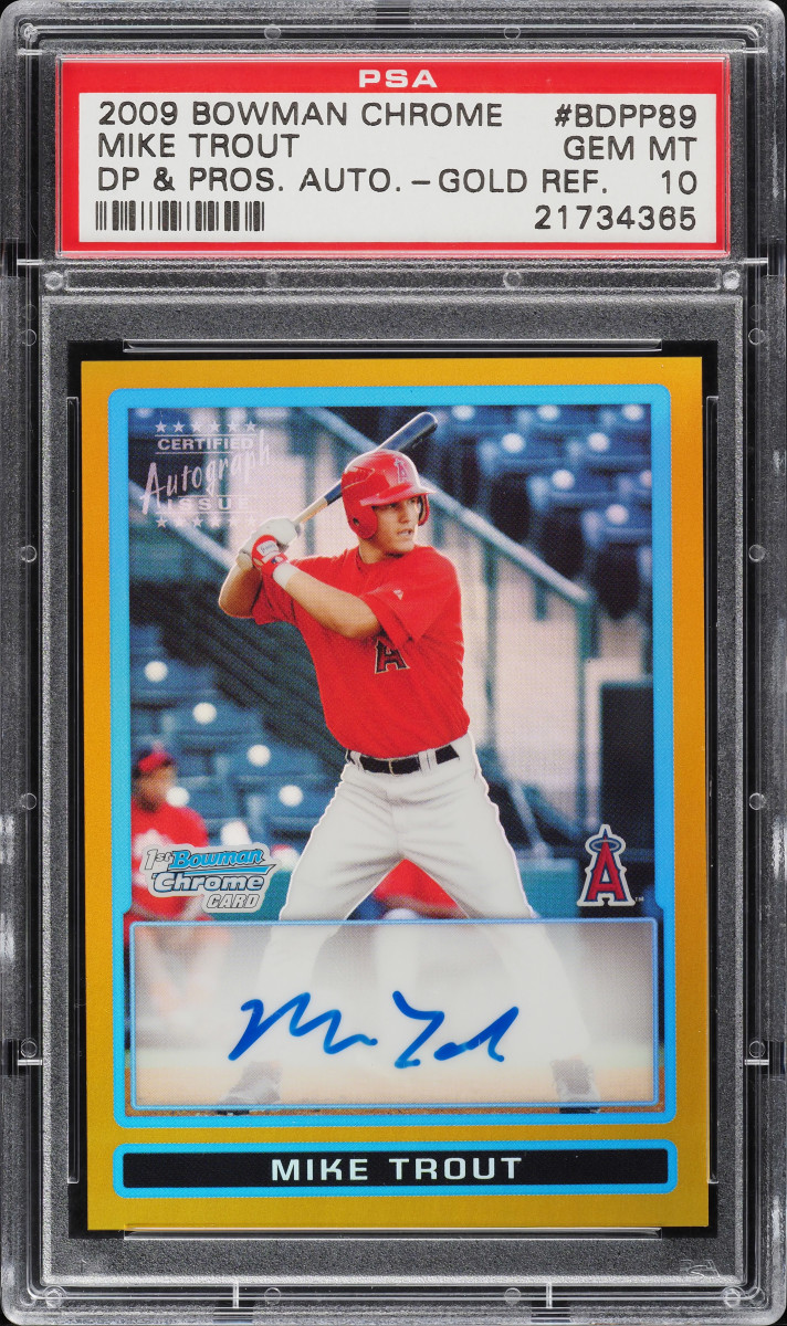 A 2009 Bowman Chrome Mike Trout Auto Gold Refractor.