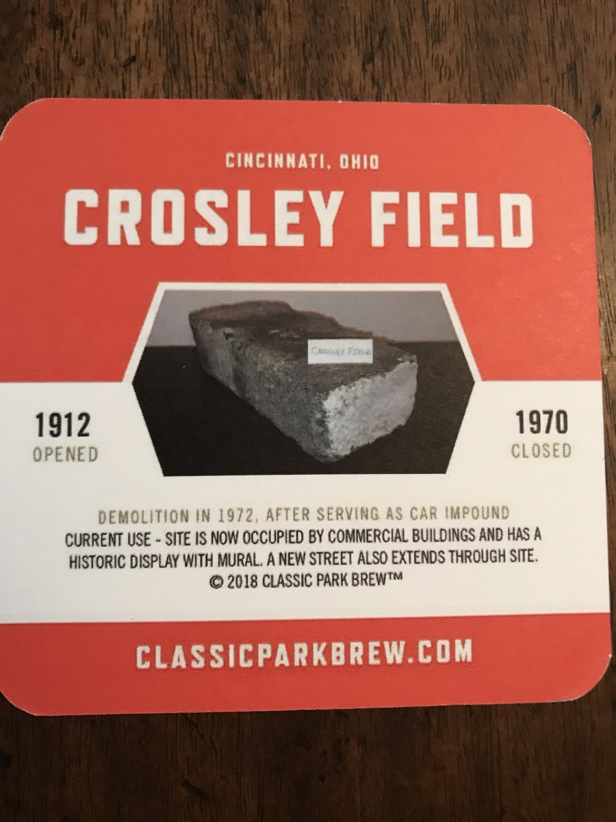 Ken Finnegan's beer coaster commemorating Crosley Field in Cincinnati.