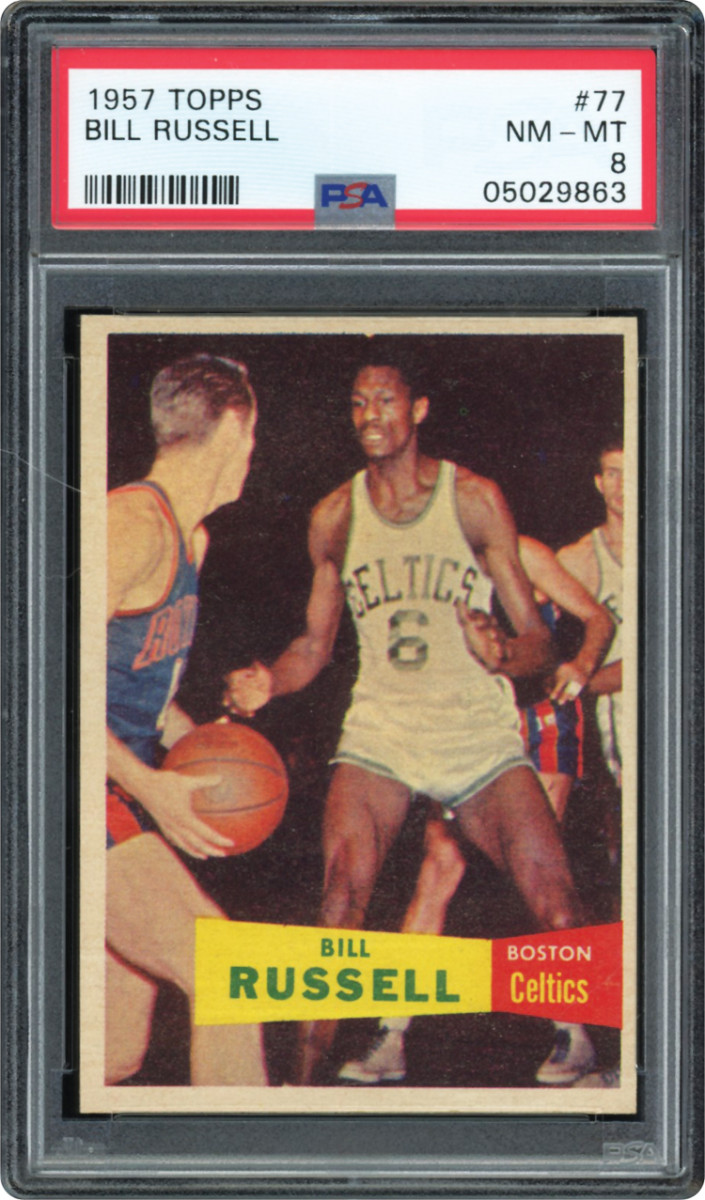 A 1957 Topps Bill Russell rookie card, graded PSA 8, sold for $204,608 at Memory Lane Inc.