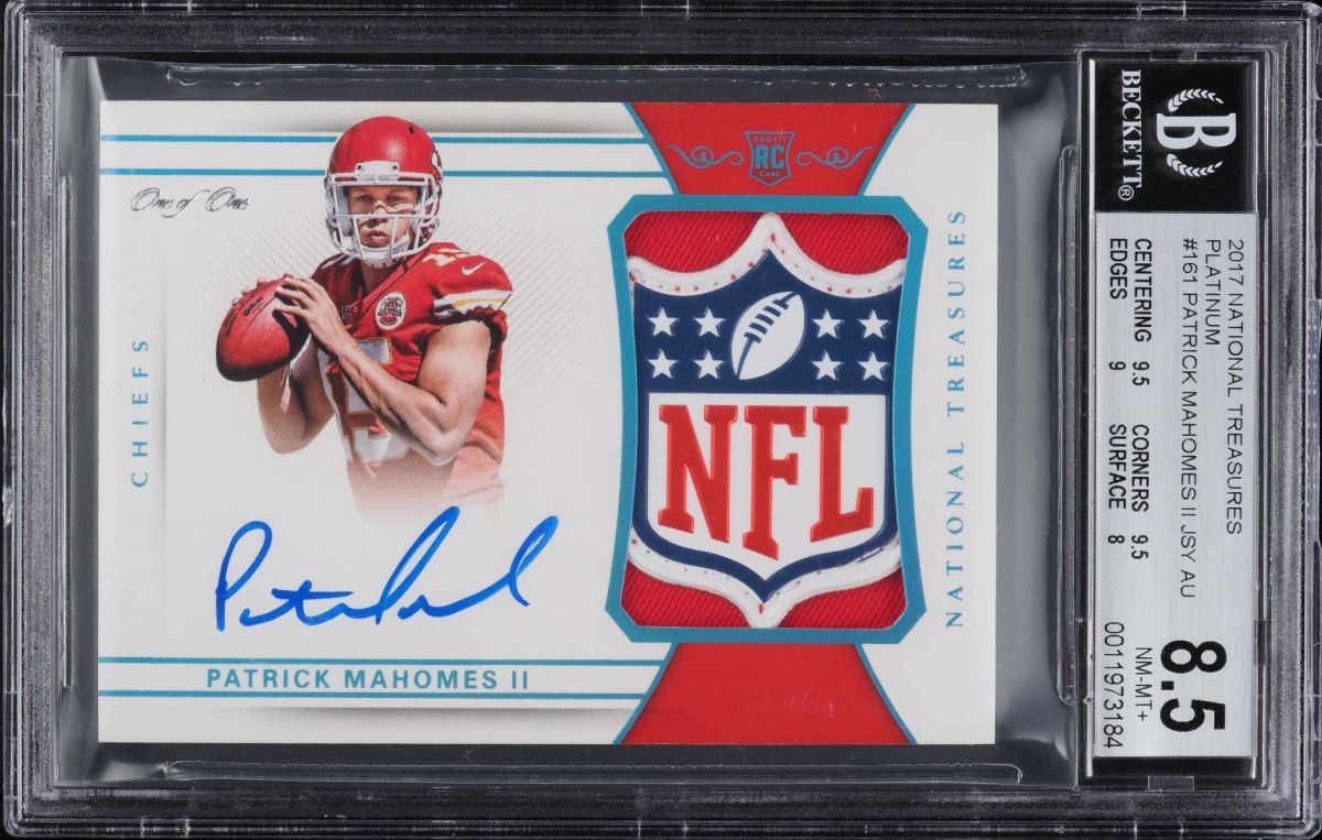 A 2017 National Treasures Platinum Patrick Mahomes rookie card that sold for a record $4.3 million.