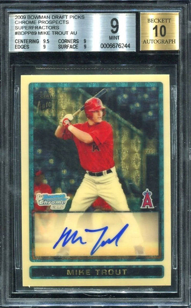 Mike Trout 2009 Bowman Chrome Draft Prospects Autographed Superfractor that sold for a then-record $3.9 million.