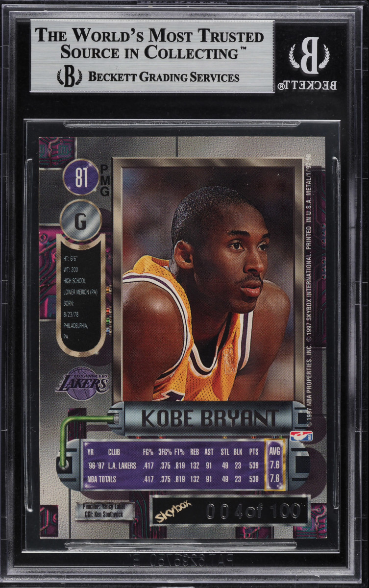 Back of 1997-98 Metal Universe Precious Metal Gems Emerald Kobe Bryant #81 card that sold for a record $2 million.