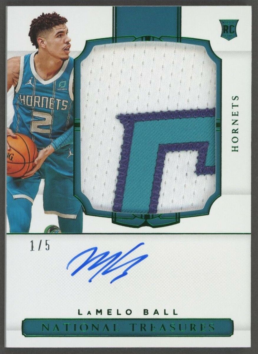 An ungraded 2020-21 Panini National Treasures Green LaMelo Ball Auto Patch rookie card sold for more than $150,000 online in 2021.