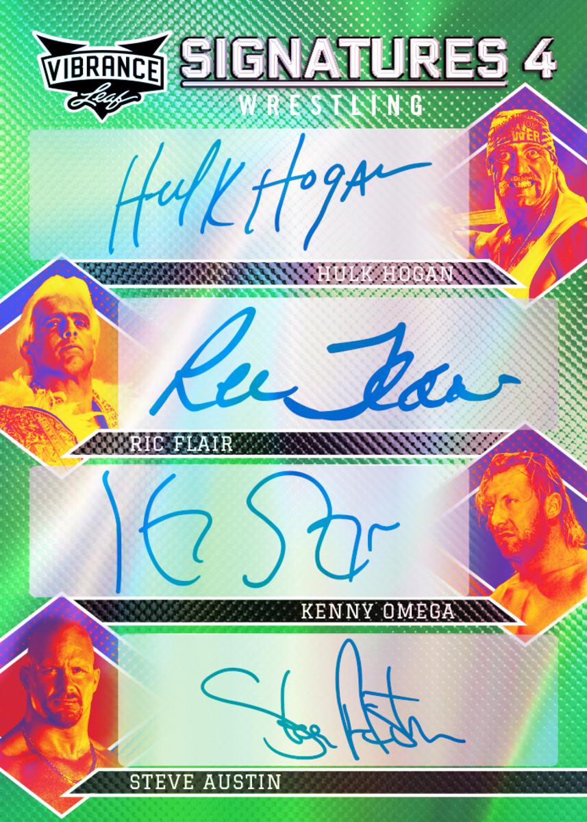 Leaf 2022 Vibrance Multisport auto card featuring wrestling legends Hulk Hogan, Ric Flair, Kenny Omega and Stone Cold Steve Austin.