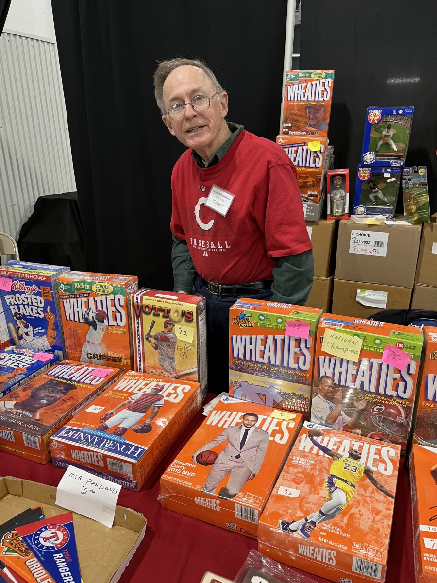 Dealer Stephen Meyer with his collectible cereal boxes at the Nashville Card Show.