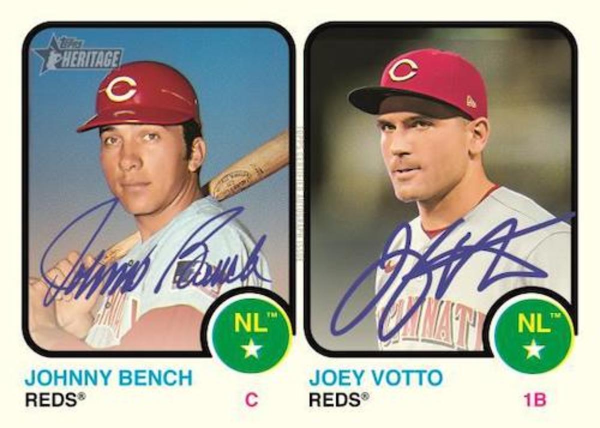 2022 Topps Heritage auto cards of Reds legends Johnny Bench and Joey Votto.