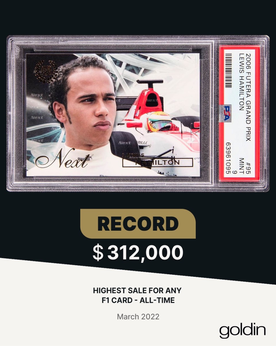 A 2006 Futera Grand Prix Lewis Hamilton card sold for a record $312,000 at Goldin.