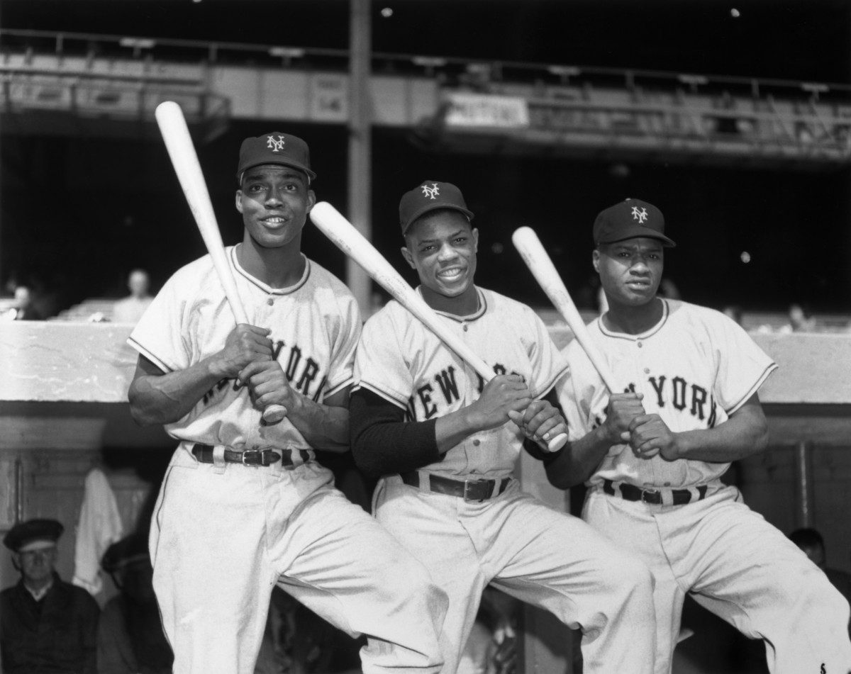 Monte Irvin (left), Willie Mays and Hank Thompson of the New York Giants at Yankee Stadium prior to the 1951 World Series.