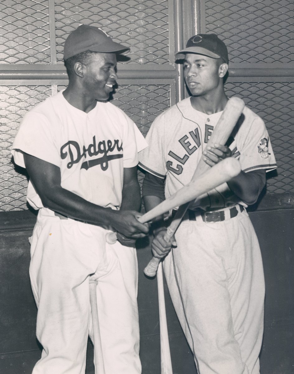 Jackie Robinson and Larry Doby are photographed together for the first time. Robinson broke the MLB color barrier with the Brooklyn Dodgers in 1947, while Doby was the first player to integrate the American League.