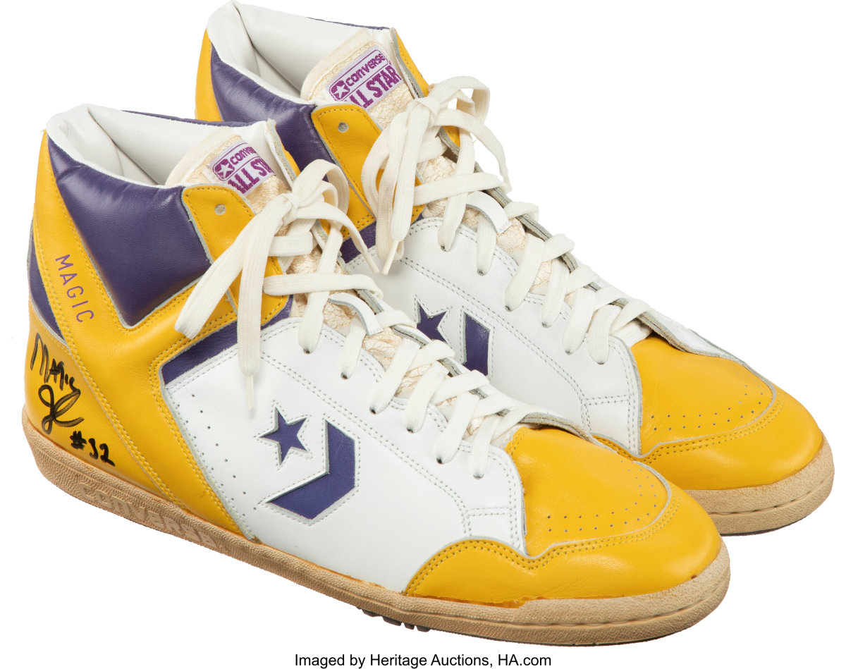1987 game-worn sneakers signed by Magic Johnson.