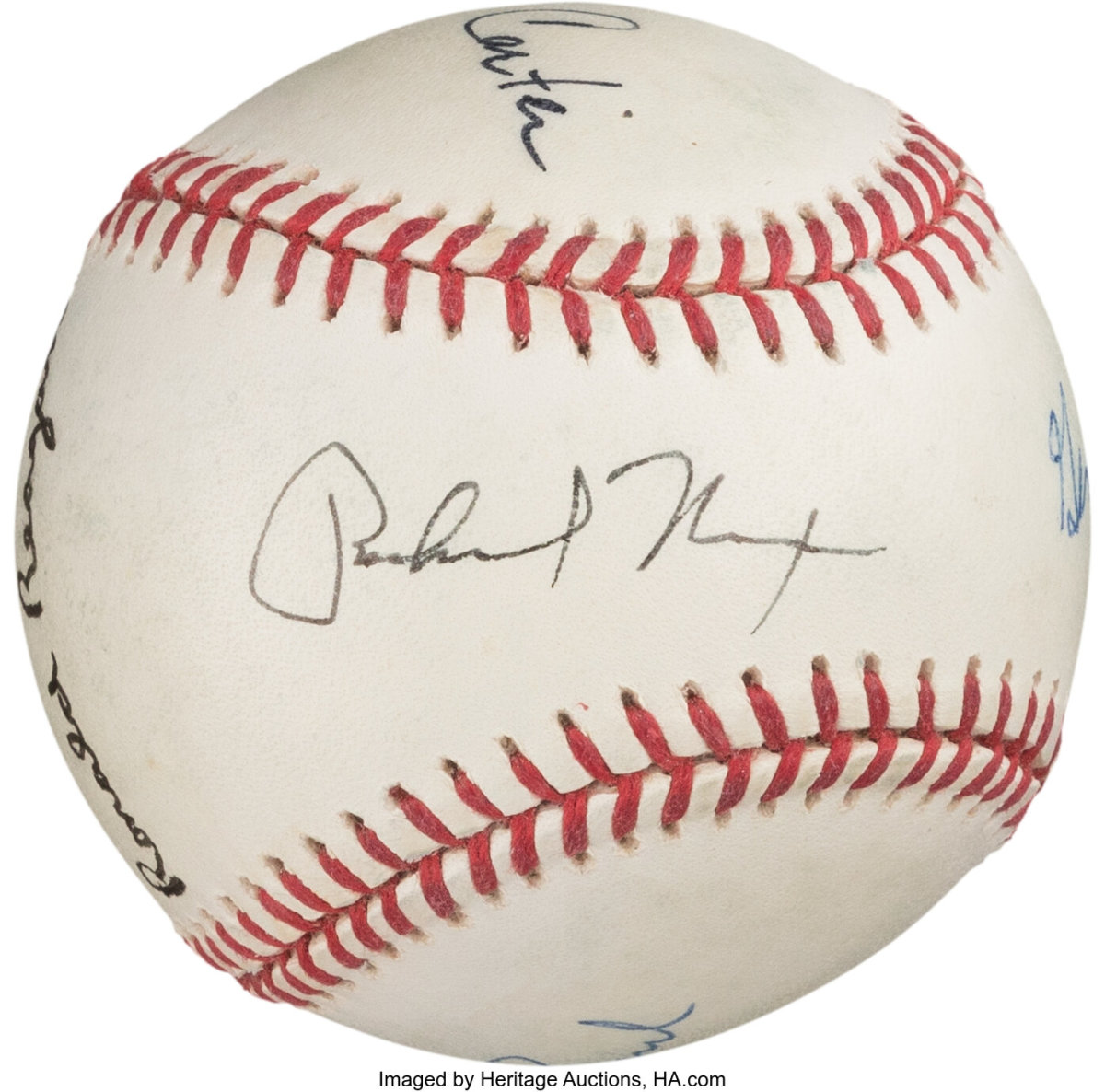 A baseball signed by former Presidents Nixon, Ford, Reagan, Bush, Clinton and Carter as part of the Joe Garagiola Collection.