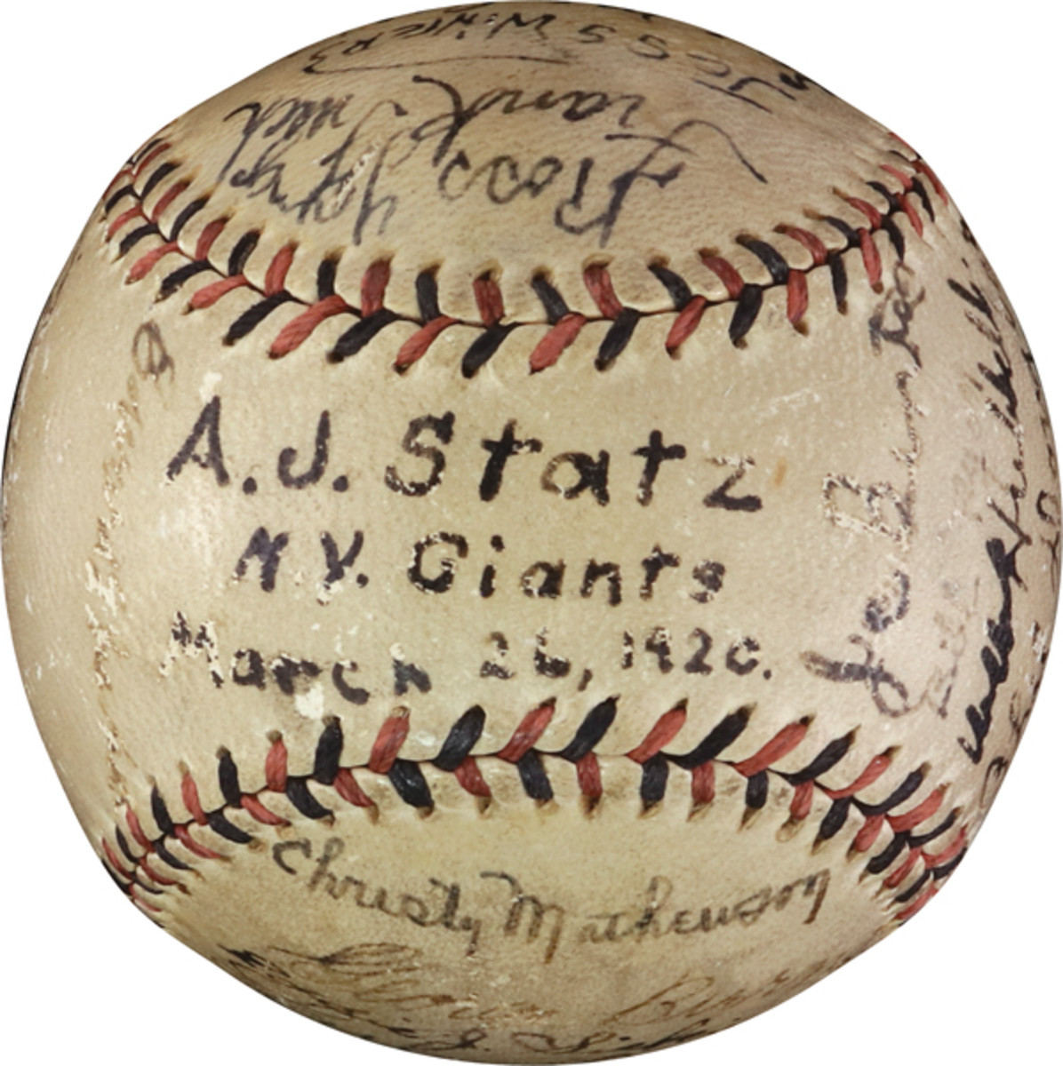 Baseball signed by 25 members of the 1920 New York Giants, including Christy Mathewson.