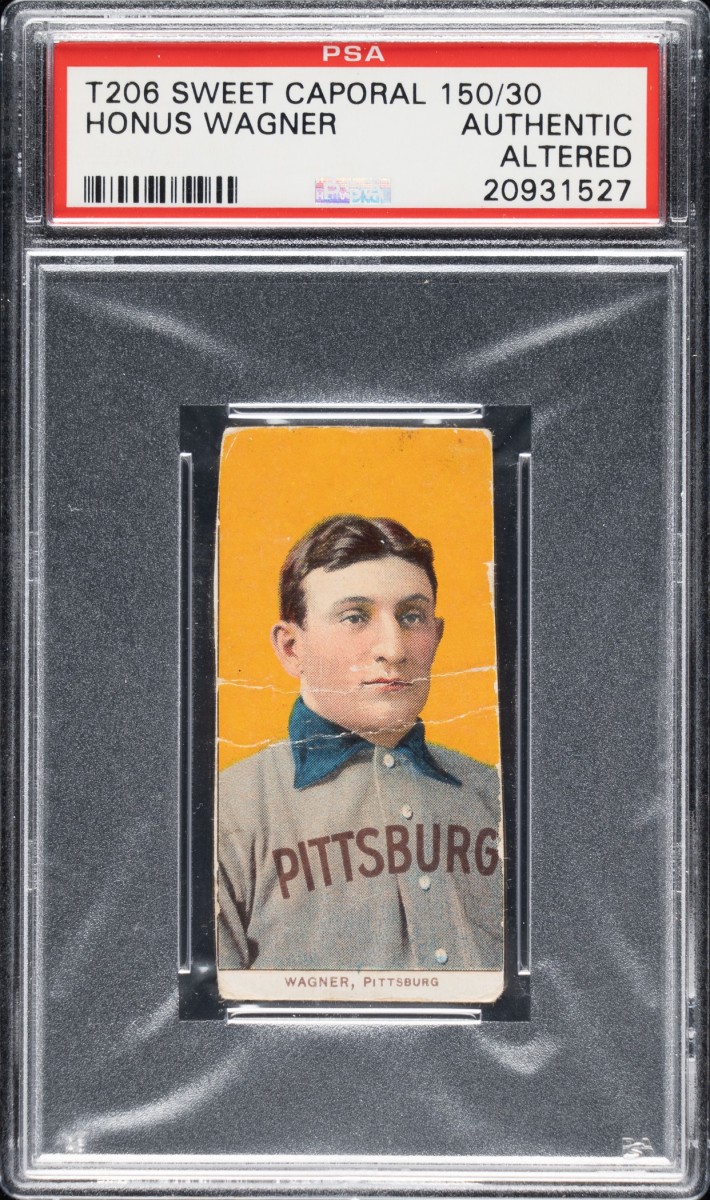 Altered T206 Honus Wagner card that sold for $1.5 million at Robert Edward Auctions.