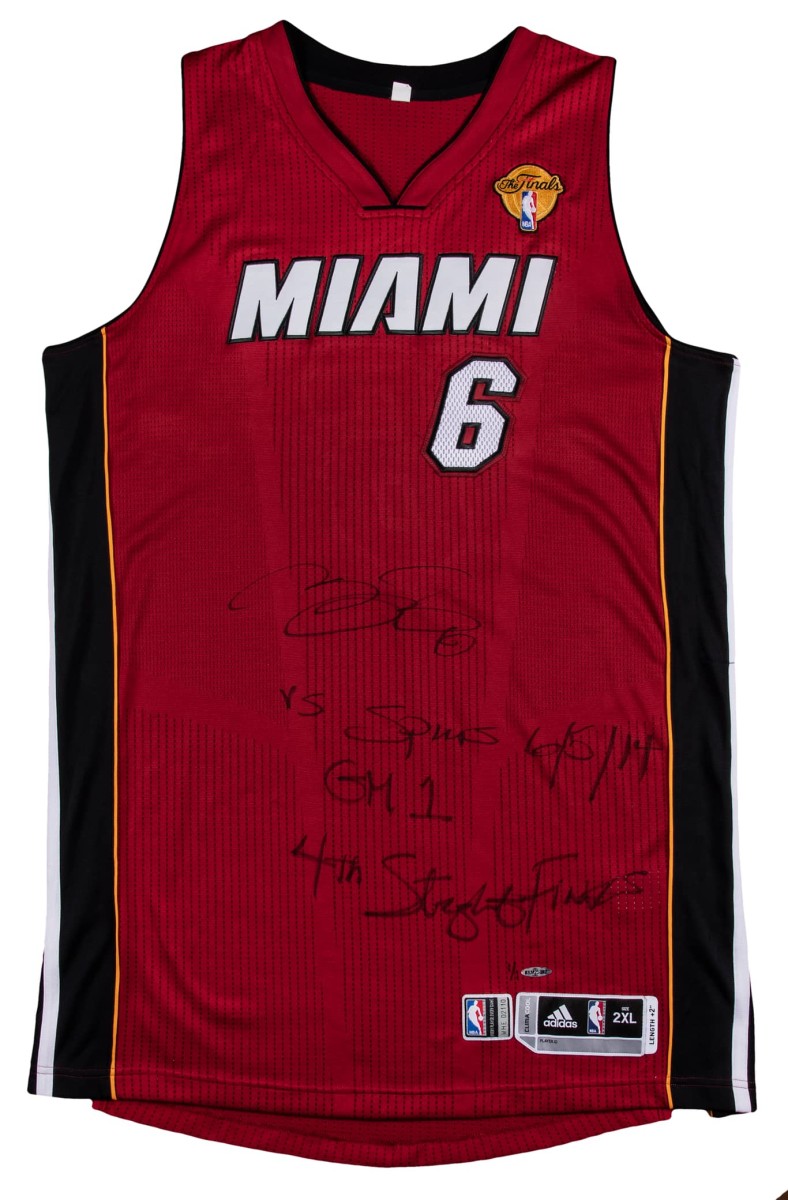 A game-used, signed LeBron James Miami Heat road jersey photo-matched to the 2014 NBA Finals Game 1.