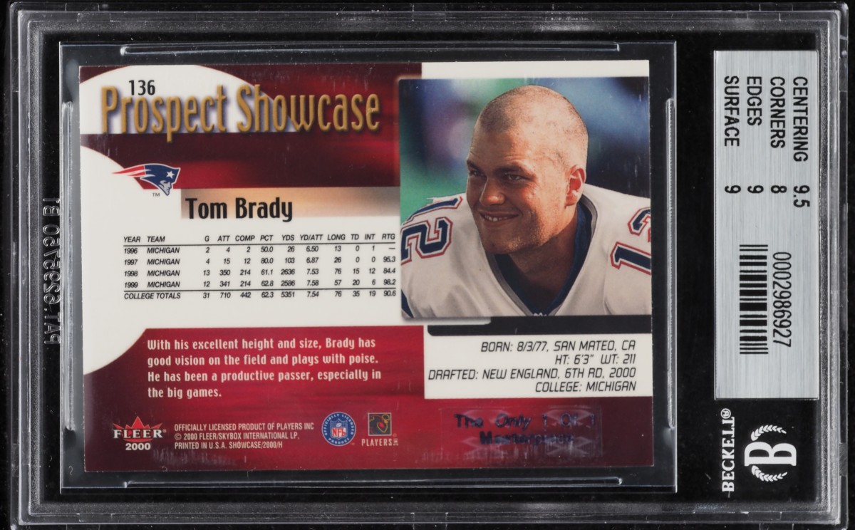 The back of a 2000 Fleer Showcase Masterpieces Tom Brady 1/1 rookie card that has a duplicate.