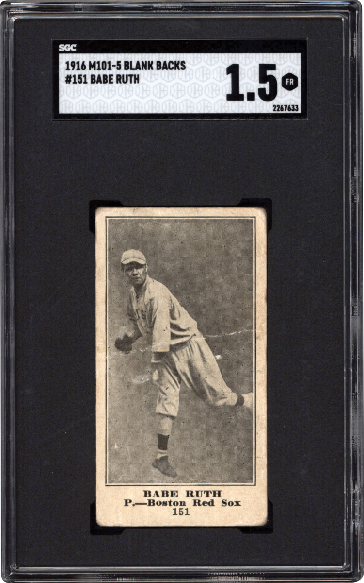 A 1916 M101-5 Blank Backs Babe Ruth rookie card.