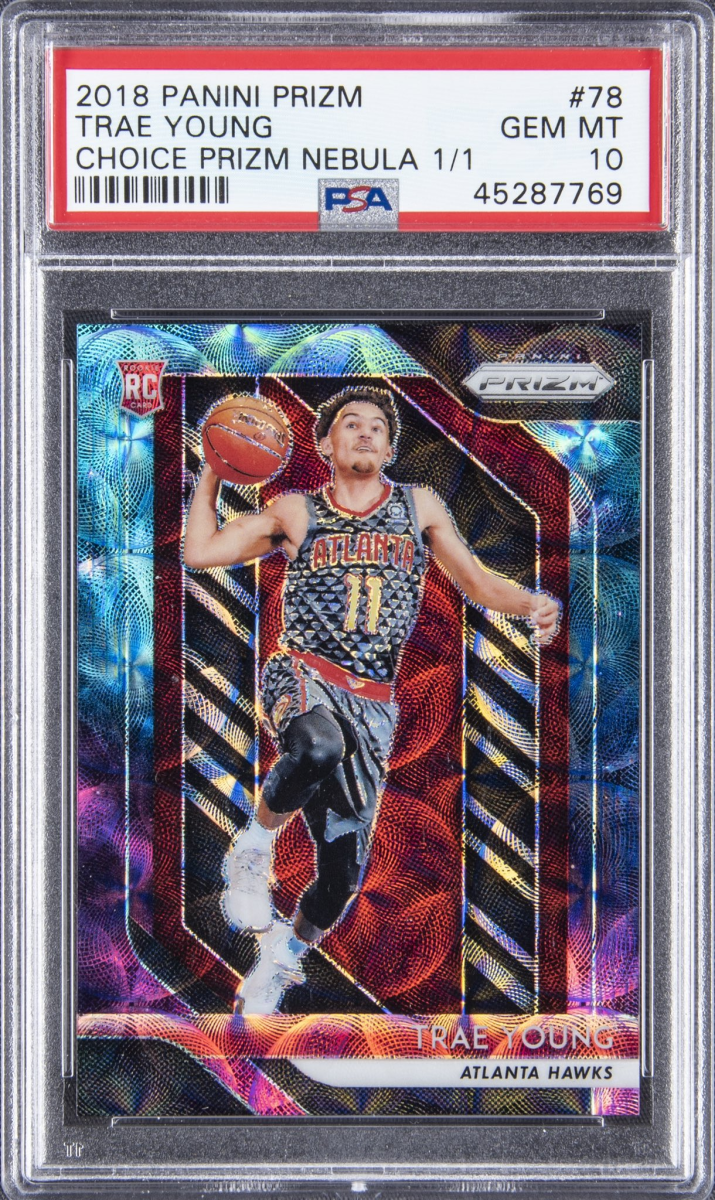 A 2018 Panini Prizm Trae Young rookie card that set a record at Goldin Auctions.