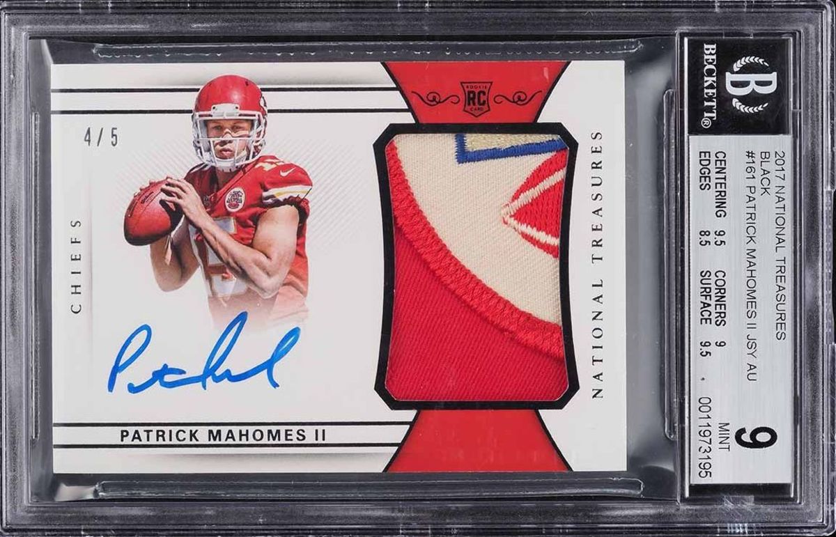 A 2017 National Treasures Patrick Mahomes auto patch card being auctioned by PWCC Marketplace.