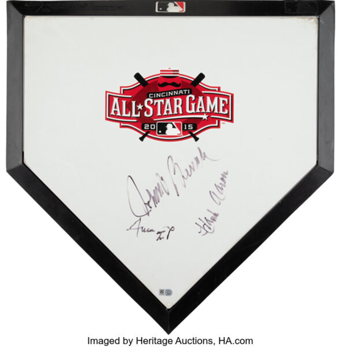 Home plate from 2015 MLB All-Star Game signed by Hank Aaron, Willie Mays and Johnny Bench.