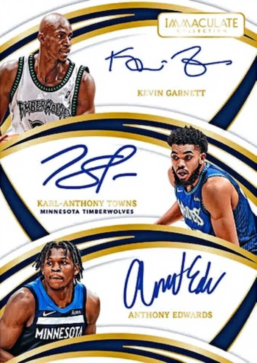 2021-22 Panini Immaculate Collection triple autographs of Kevin Garnett, Karl-Anthony Towns and Anthony Edwards.