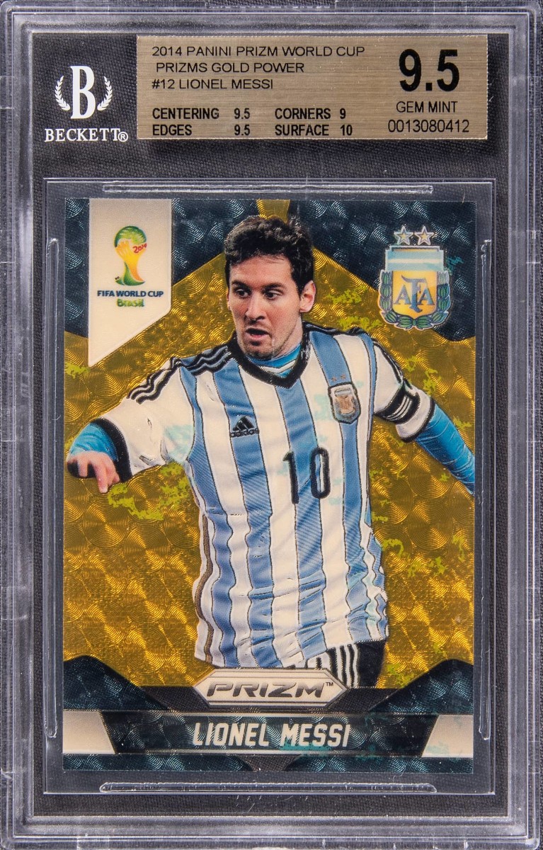 2014 Panini Prizm World Cup Gold Power Prizm Lionel Messi card.
