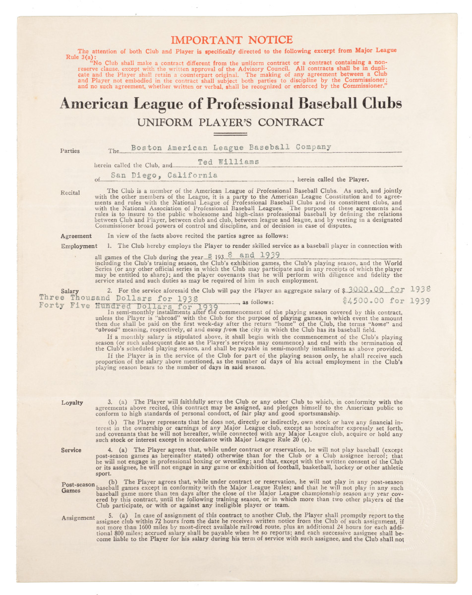 Ted Williams rookie contract.