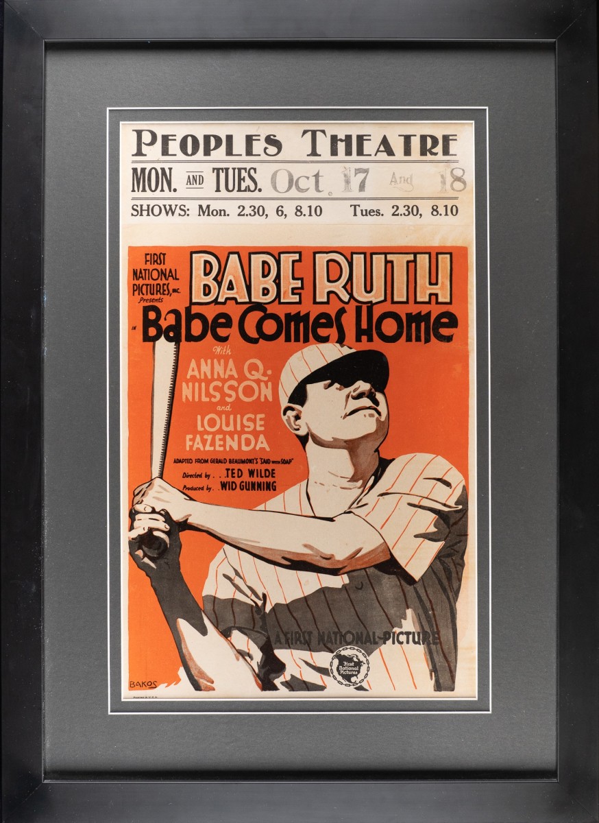 1927 “Babe Comes Home” movie window card featuring Babe Ruth.