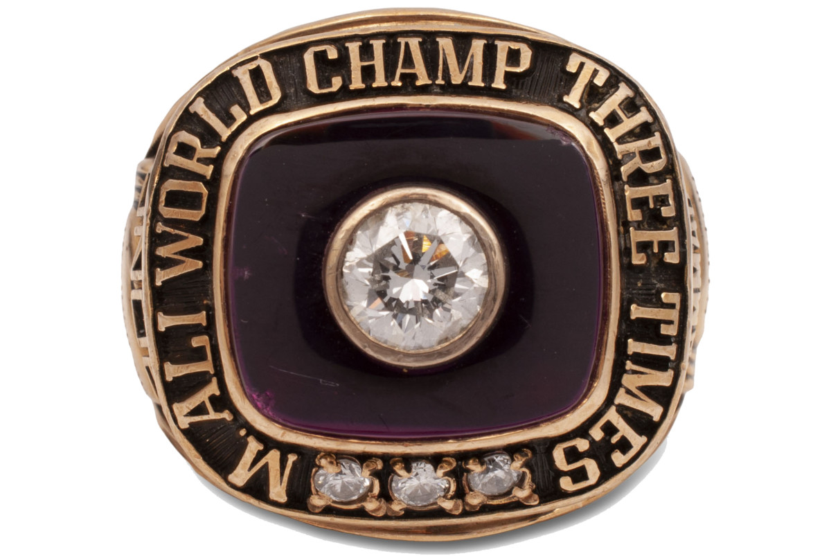 A 1978 Muhammad Ali “Three Times World Champ” ring, gifted to him by his longtime trainer Angelo Dundee,